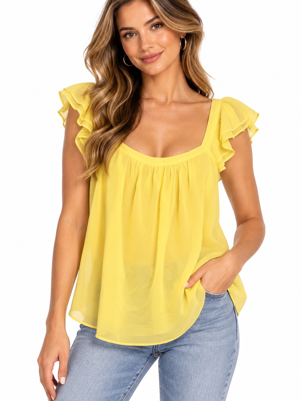 NWOT Ee:some Size Large Yellow Ruffle Sleeve Scoop Neck Women’s Top